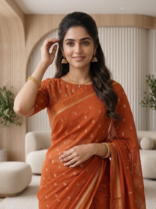Chiffon Saree in Burnt Orange with Scattered Zari Motifs
