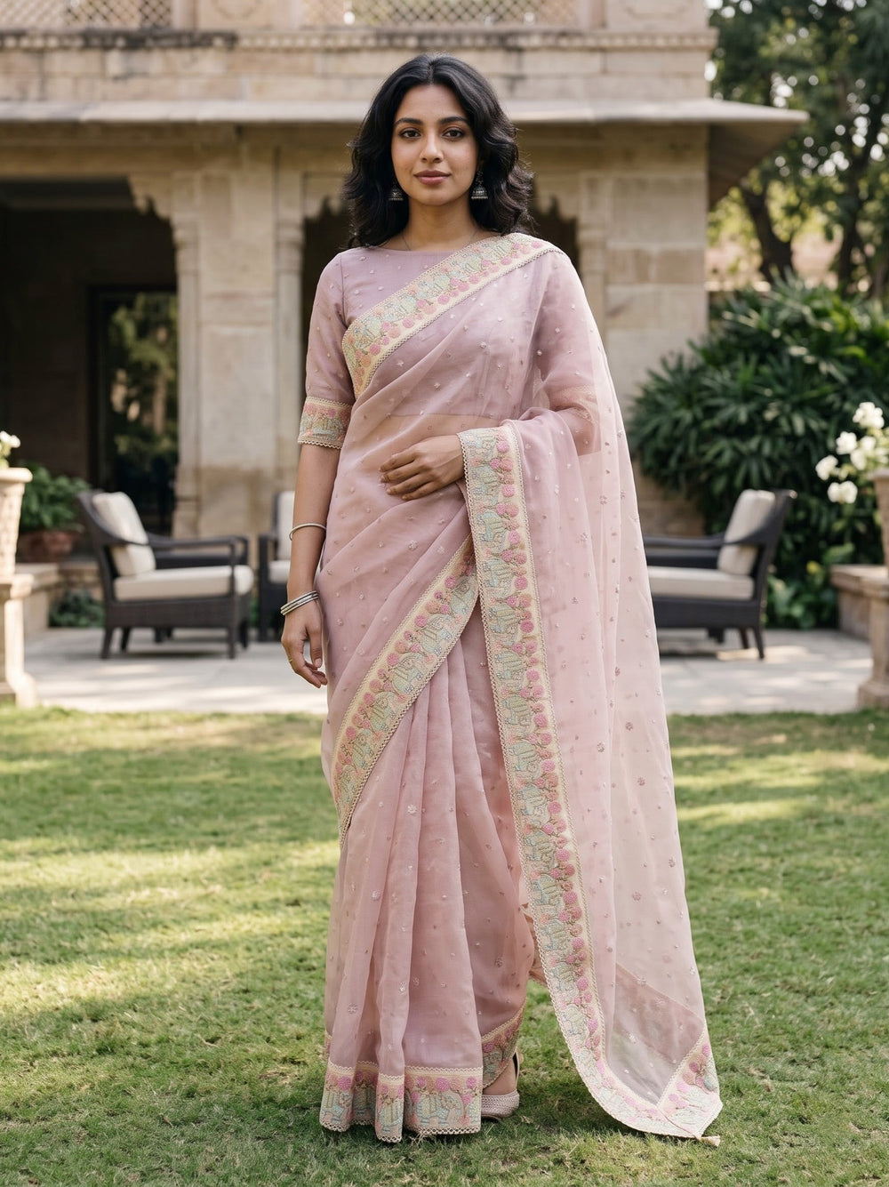 Organza Dusty Pink Saree with Multicolor Floral Border