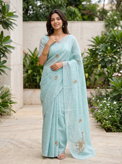 Linen Mint Green Saree with Golden Beadwork Floral Corner Motif and Scattered Butta
