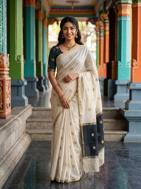 Cotton Silver Grey Black Golden Coin Motif Saree