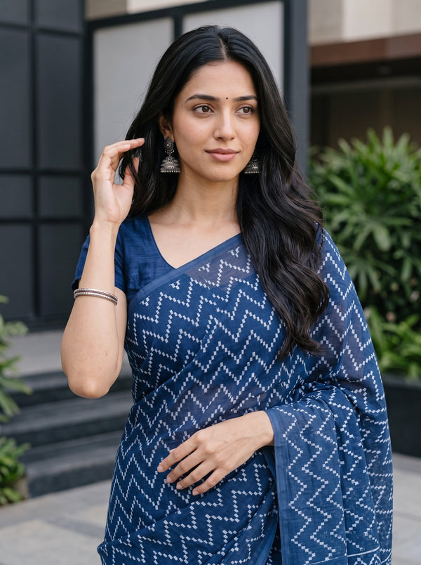 Cotton Navy Blue Saree with Ajrakh Mandala Print Pallu