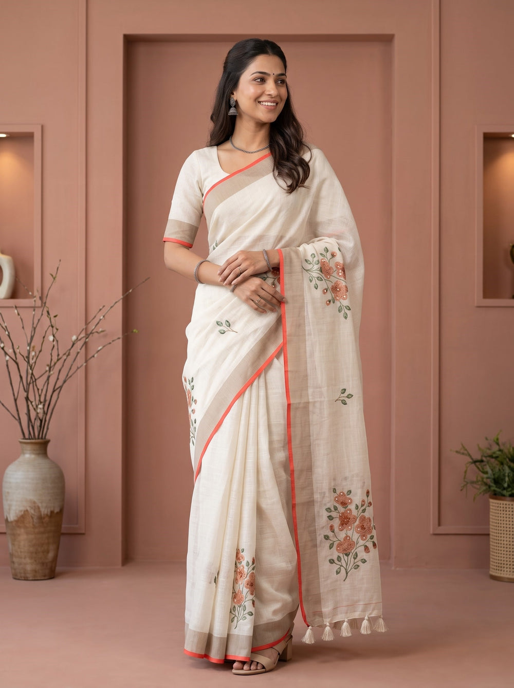 Tissue cream Saree with Multicolor Floral Embroidery and rust colour border