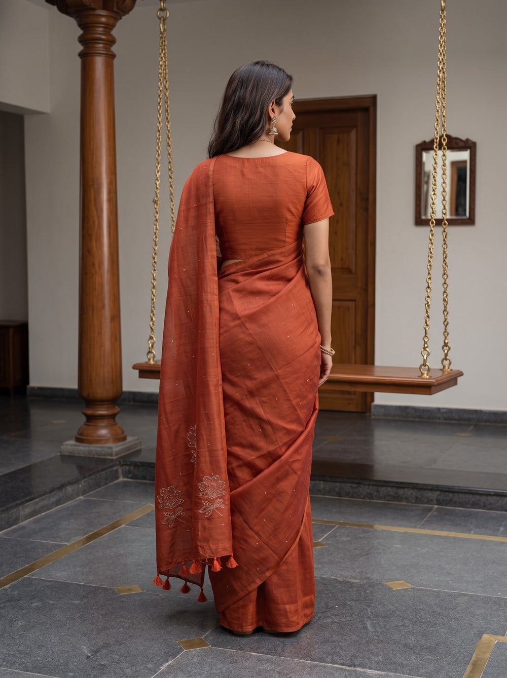 Tusser Silk Rust Orange Paisley Floral Embroidered Saree with Tassels
