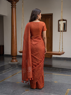 Tusser Silk Rust Orange Paisley Floral Embroidered Saree with Tassels
