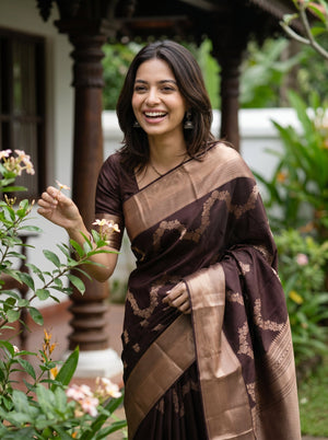 Kanjivaram Silk Dark Brown Floral Wave Pattern Saree with Rose Gold Zari Border