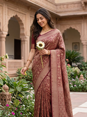 Banarasi Saree in Maroon with Golden Floral Jaal Pallu