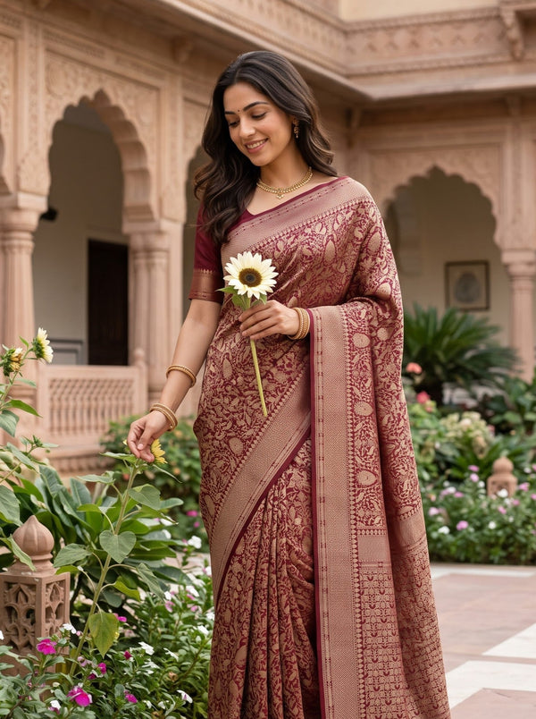 Banarasi Saree in Maroon with Golden Floral Jaal Pallu