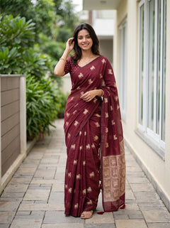Cotton Silk Maroon Saree with animal Motif Mural Pallu