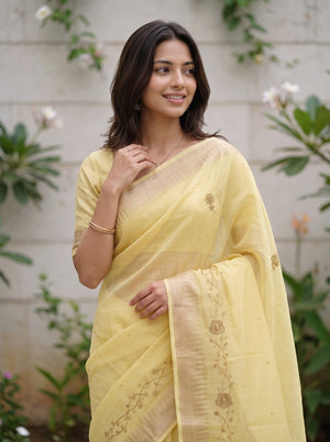 Linen Yellow Saree with Gold Bead Floral Vine Border