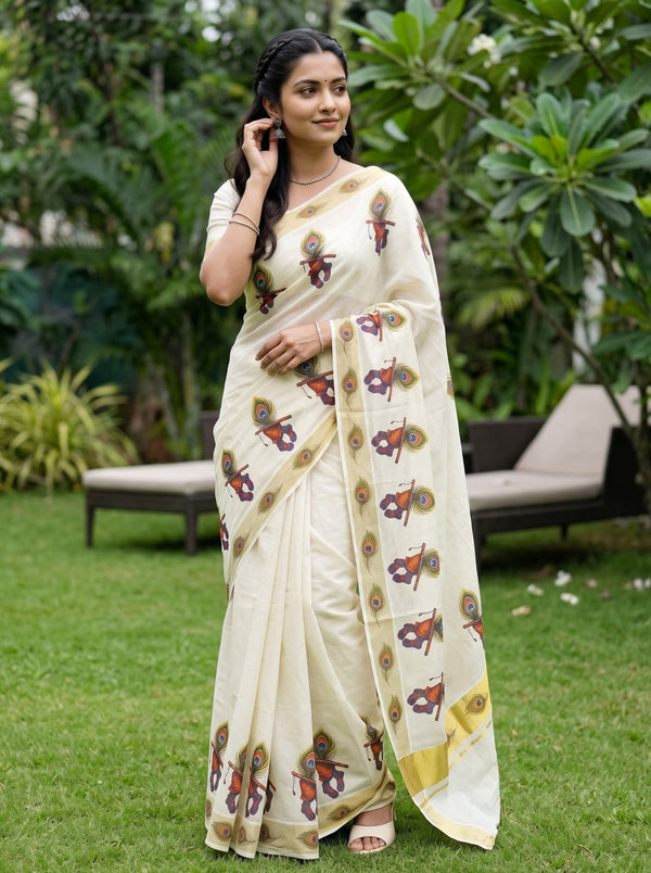Tissue Cream Kerala Saree with Krishna Peacock Feather Print Pallu and Golden Zari Border