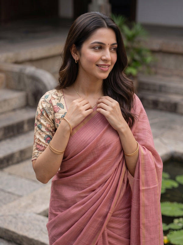 Semi Tussar Pink Golden Striped Saree