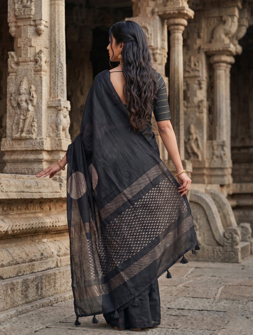 Matka Silk Black Zari Circular Medallion Saree with Tassels