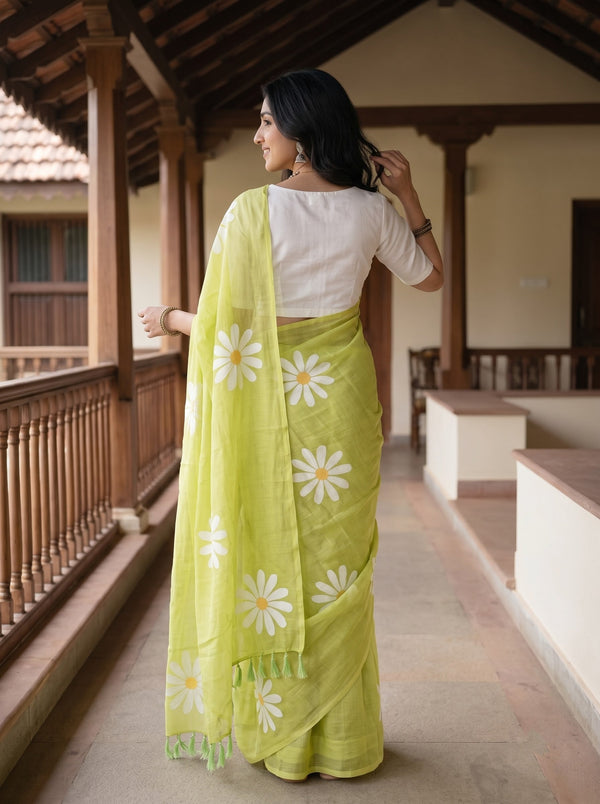 Cotton Yellow Green Saree with White Daisy Flower Print