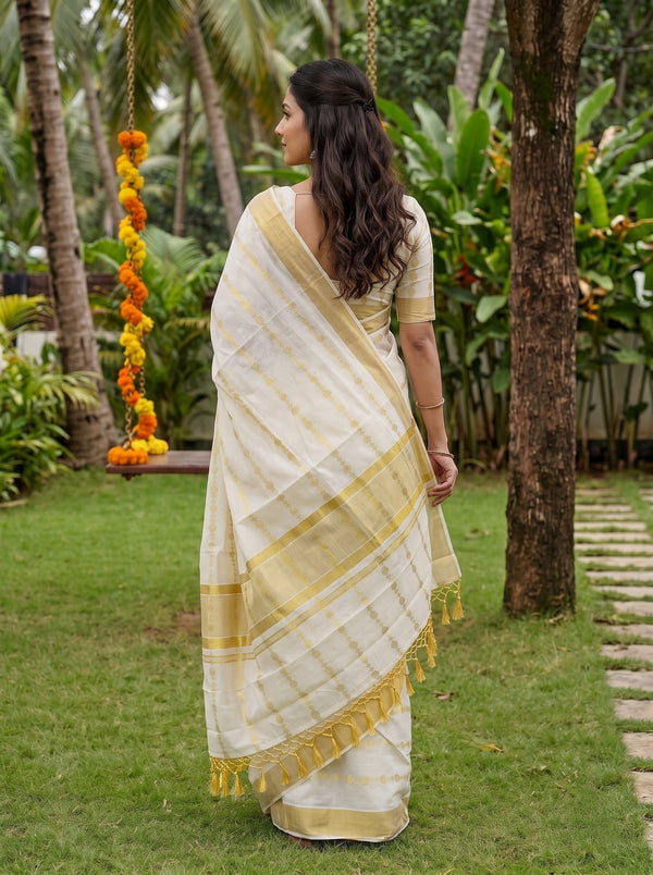 Cotton Cream Golden Dashed Line Wide Border Onam Kerala Saree