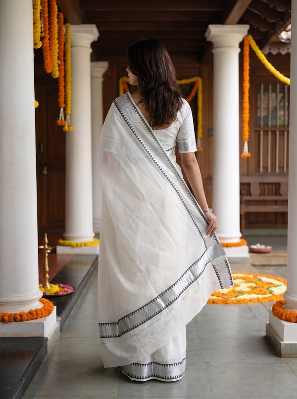 Tissue White Black Geometric Triangle Silver Zari Border Onam Special Kerala Saree