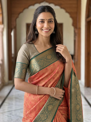Semi Silk Rust Orange Gold Floral Jaal Saree with Green Temple Border