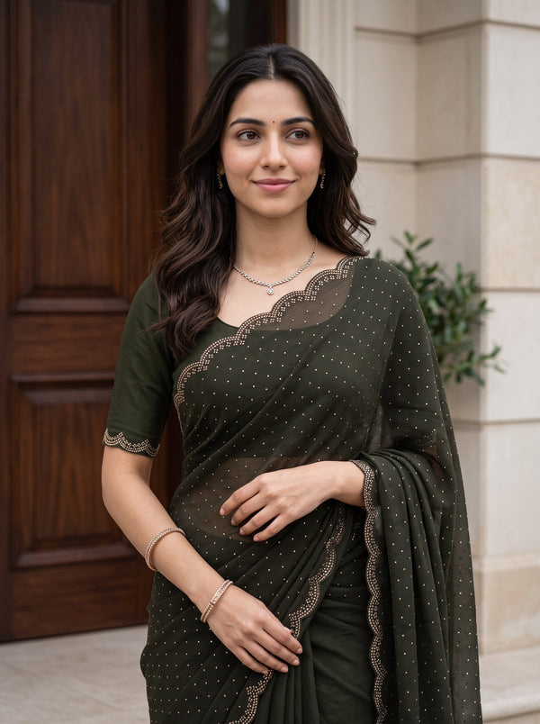 Chiffon Mehandi Green Stone Embellished Saree