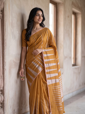 Matka Silk Mustard Golden Silver Ikat Flame Weave Saree