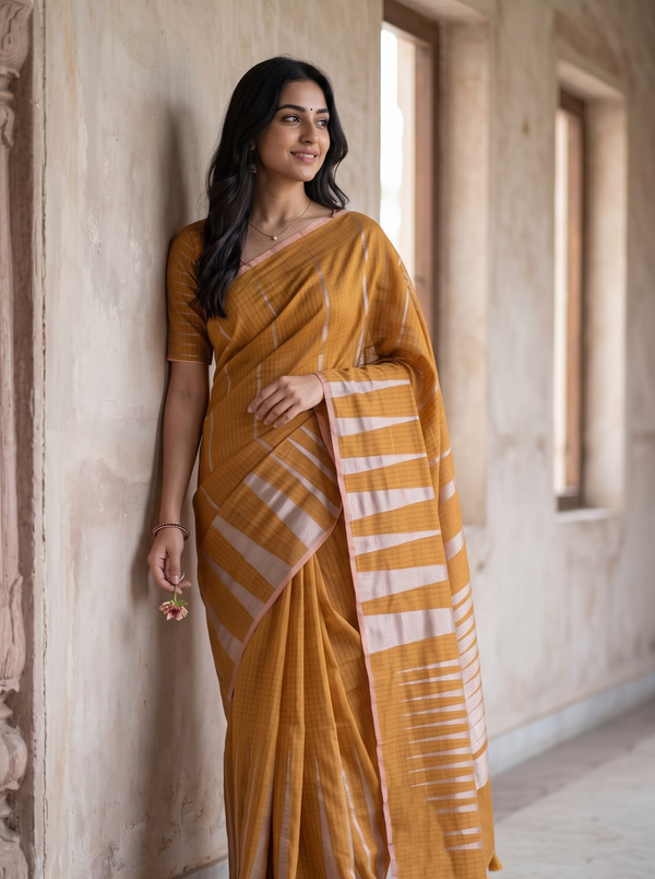 Matka Silk Mustard Golden Silver Ikat Flame Weave Saree