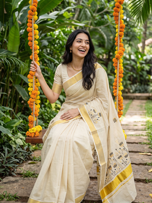 A woman wearing a cream-colored cotton saree with a yellow border and black floral motifs sits on a wooden swing decorated with orange marigold garlands in a lush green garden.