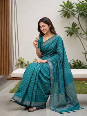Matka Silk Peacock Green Silver Striped Dense Zari Motif