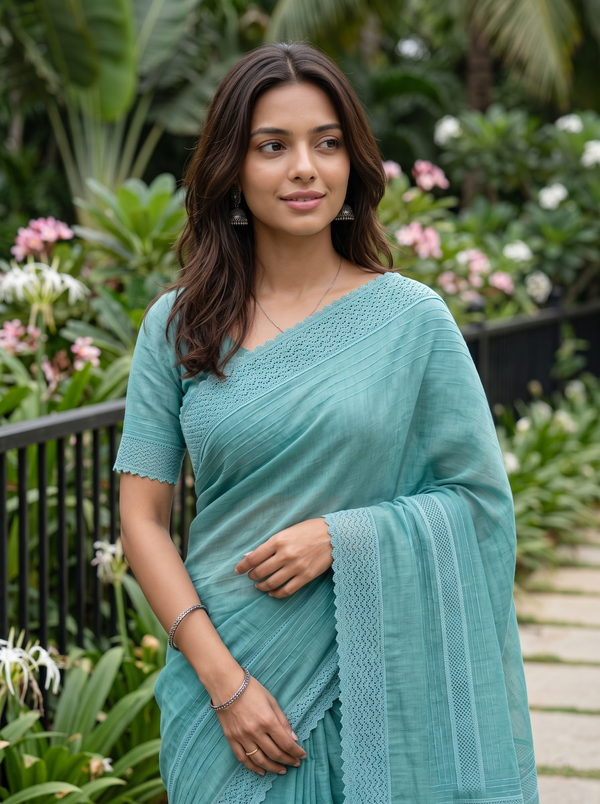 Cotton Linen Teal Saree with Woven Stripe Details and Intricate Lace Border