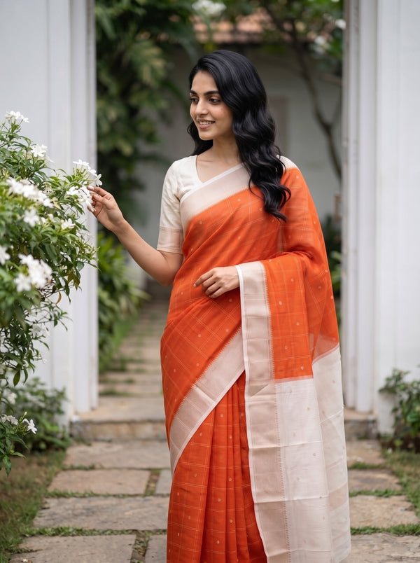 Chanderi Cotton Orange Saree with Cream Zari Checked Bord