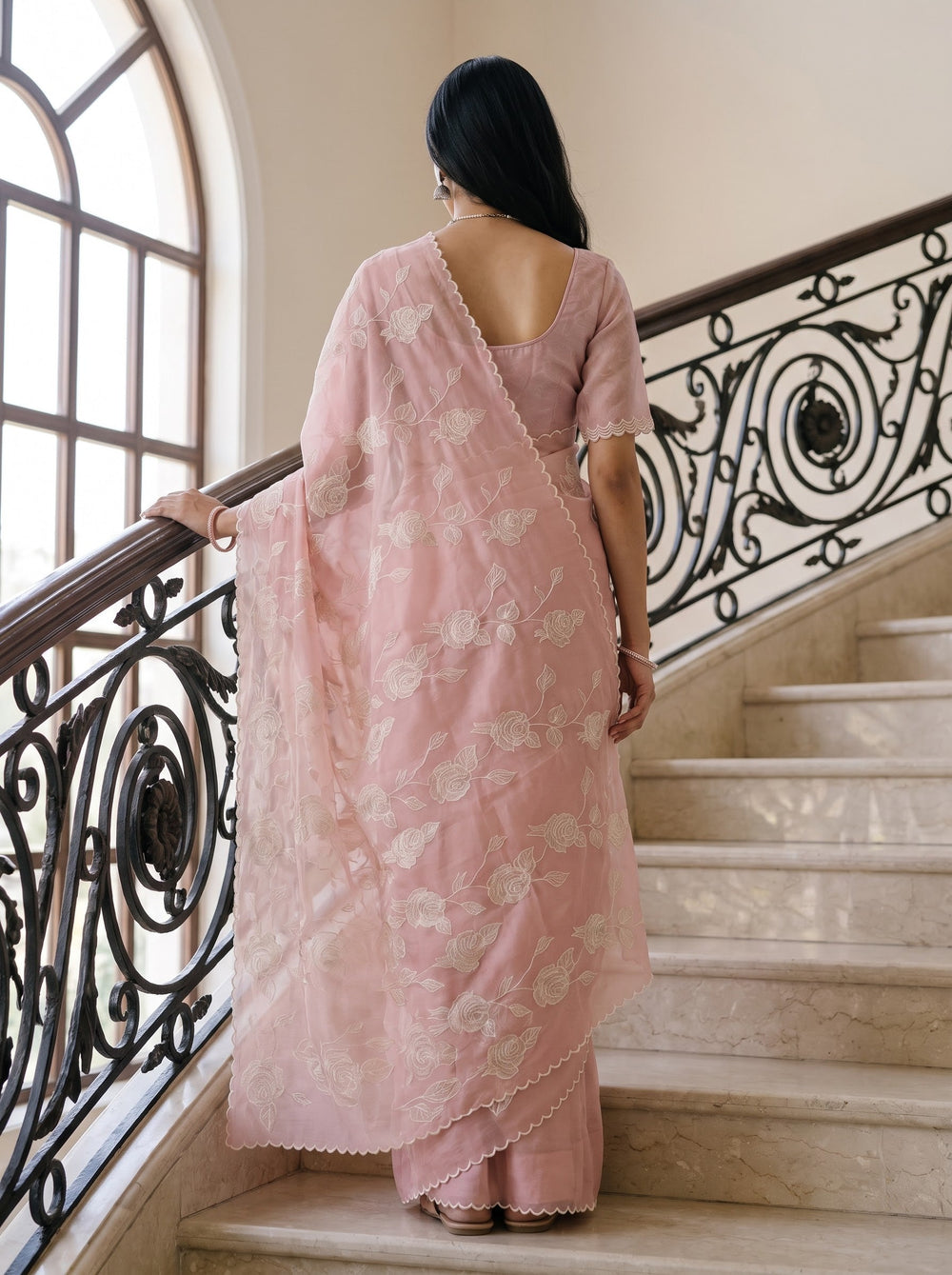 Organza Pink Allover Self-Tone Rose Embroidered Saree with Scalloped Edges