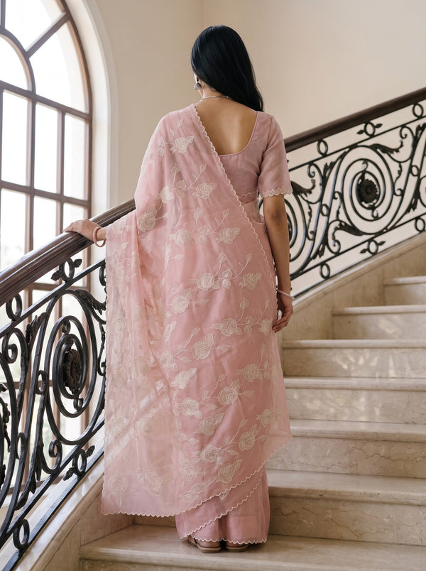 Organza Pink Allover Self-Tone Rose Embroidered Saree with Scalloped Edges