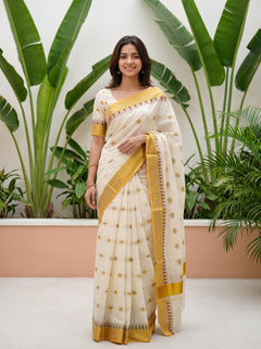 Cotton Off-White Gold Coin Butta Onam Special Kerala Saree