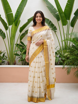 Cotton Off-White Gold Coin Butta Onam Special Kerala Saree