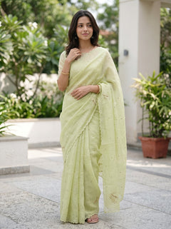 Linen Pale Yellow Self-Tone Bird Motif Saree with Scalloped Border