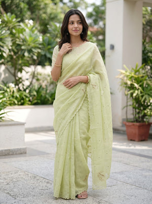 Linen Pale Yellow Self-Tone Bird Motif Saree with Scalloped Border