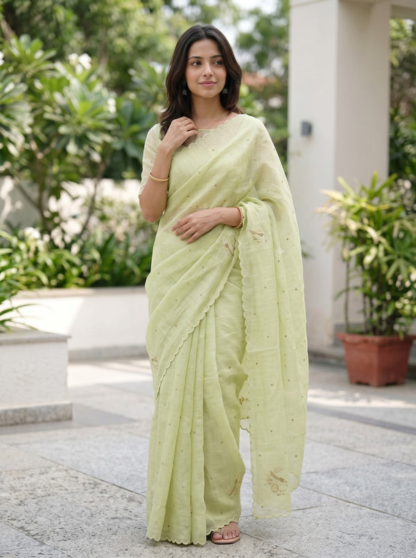 Linen Pale Yellow Self-Tone Bird Motif Saree with Scalloped Border
