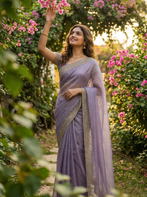 Shimmer Organza Lavender Purple Stone Studded Saree with Zari Embroidered Border