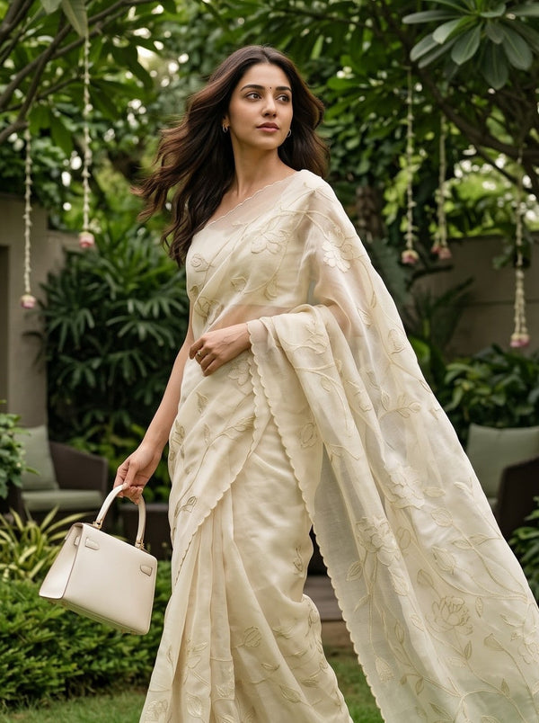 Organza Ivory Floral Embroidery Designer Saree