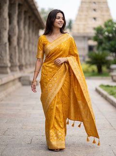 Banarasi Saree in Mustard Yellow with Golden Floral Medallion Pallu