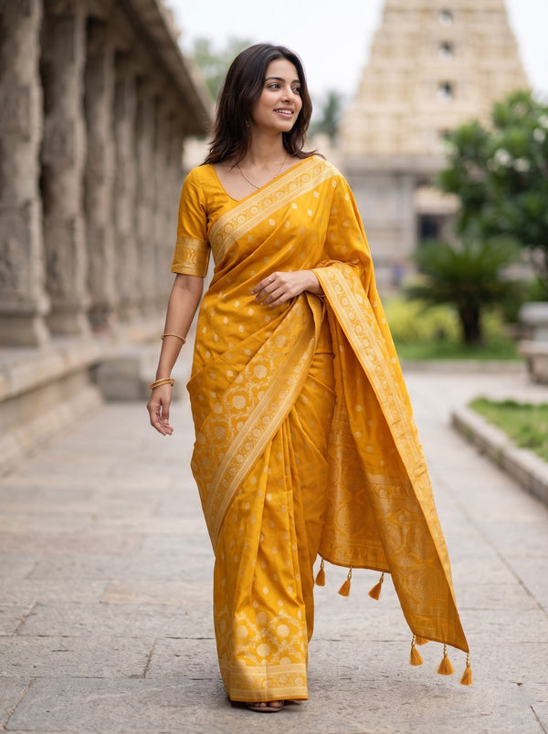 Banarasi Saree in Mustard Yellow with Golden Floral Medallion Pallu