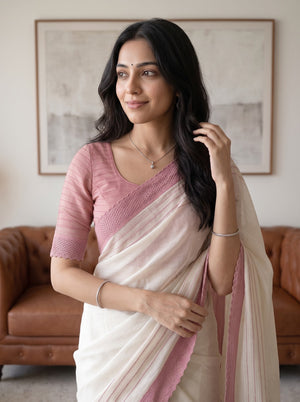 Net Kota Off White Saree with Pink Striped Pattern and Floral Motif Pallu with Textured Pink Border