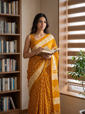 Synthetic Mustard Yellow Square Dot Print Saree