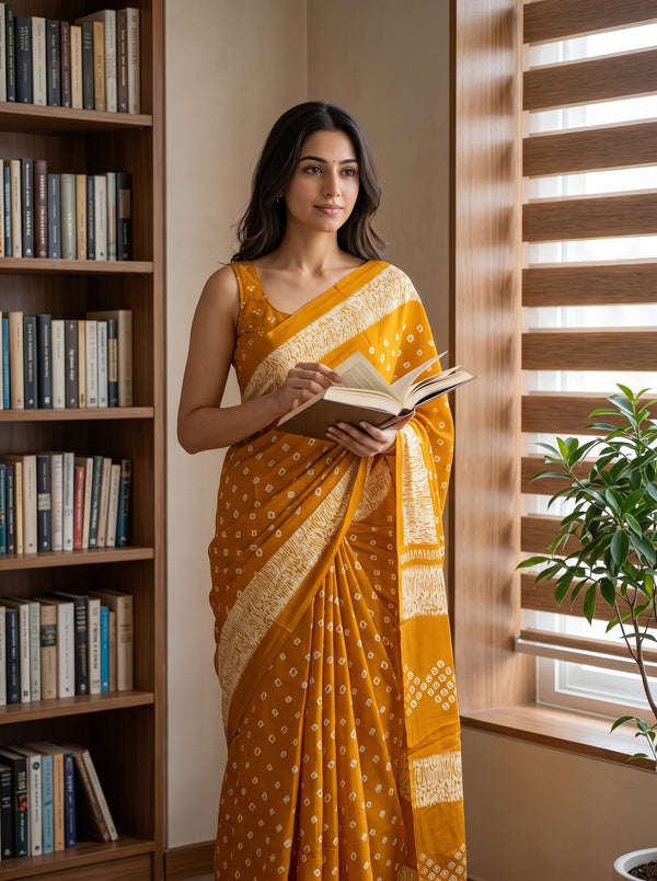 Synthetic Mustard Yellow Square Dot Print Saree