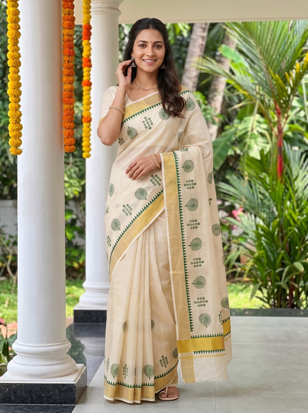 Tissue Cream Kerala Saree with Green Paisley Motif Pallu and Temple Border