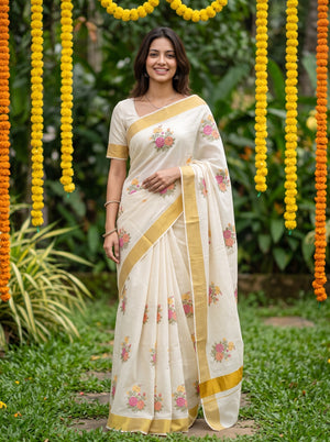 Cotton Cream Pinstripe Multicolor Rose Embroidery Onam Special Kerala Saree with Gold Zari Border