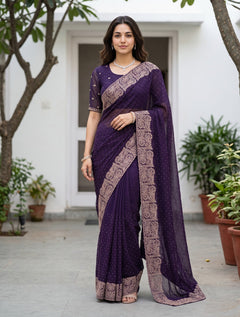 Chiffon Purple Stone Studded Floral Border Saree