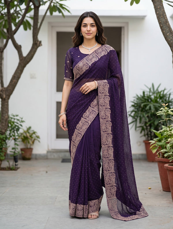 Chiffon Purple Stone Studded Floral Border Saree