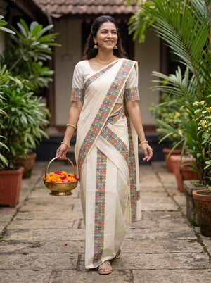 Cotton Cream Retro Geometric Border Onam Special Set Mundu
