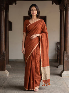 Cotton Rust Orange Golden Dotted Butta Shimmer Pallu Tasseled Saree