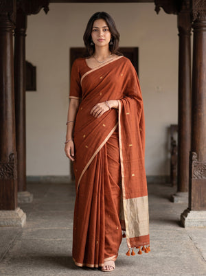 Cotton Rust Orange Golden Dotted Butta Shimmer Pallu Tasseled Saree