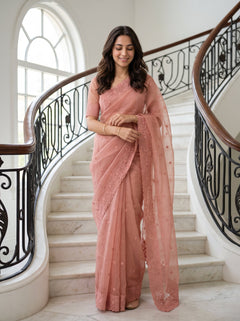 Organza Dusty Pink Self-Tone Floral Scalloped Lace Border Saree