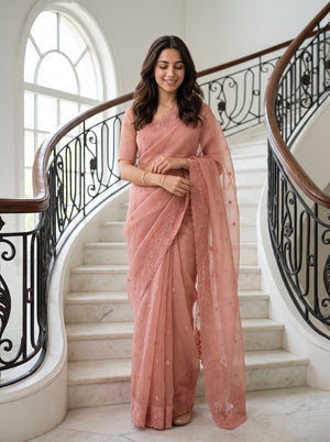 Organza Dusty Pink Self-Tone Floral Scalloped Lace Border Saree